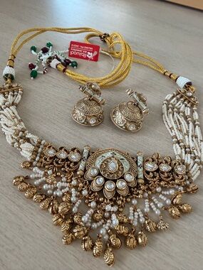Gold and White Beaded Statement Necklace with Jhumka Earrings